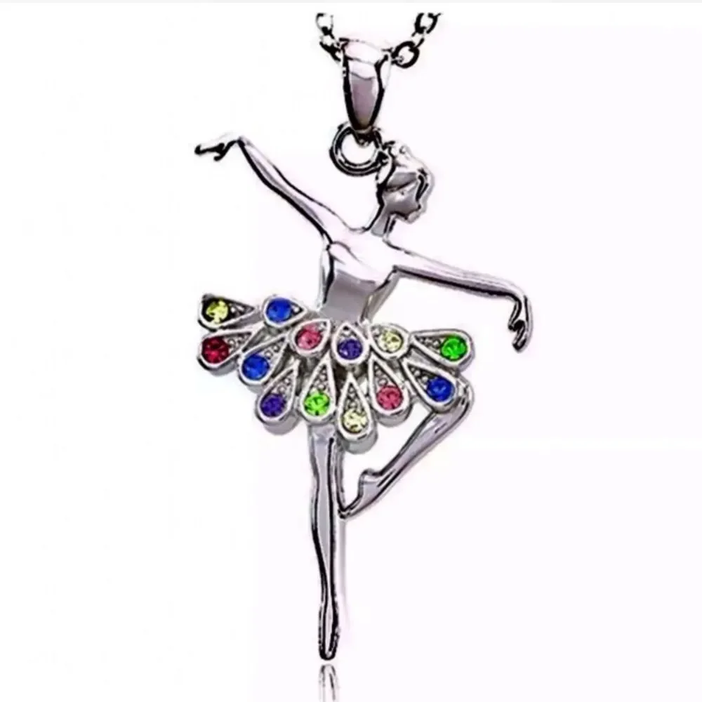 Crystal Ballerina with Rainbow Tutu Pendant Necklace